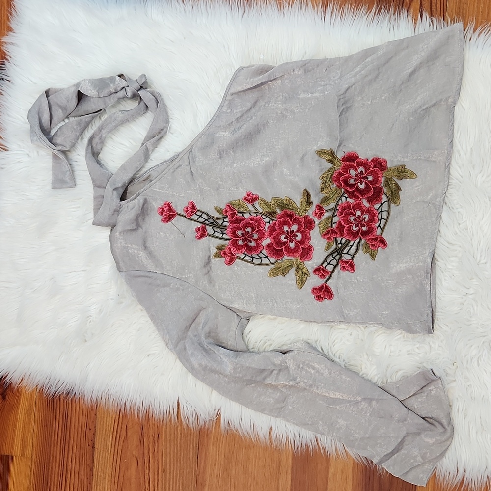 Palacio one shoulder,  tie at neck blouse with embroidery detail, sz M